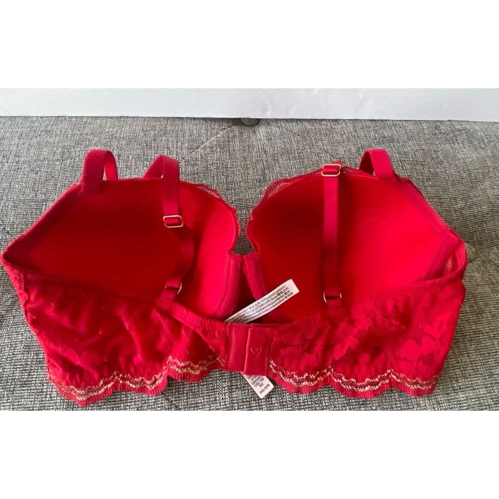 Victoria's Secret Red Lace Gold Trim Push-Up Bra 34D Underwire‎ Padded Lingerie